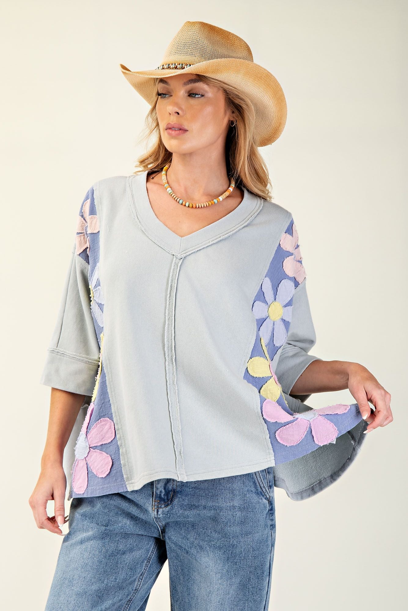 Dusty Blue Daisy Patch Distressed Top