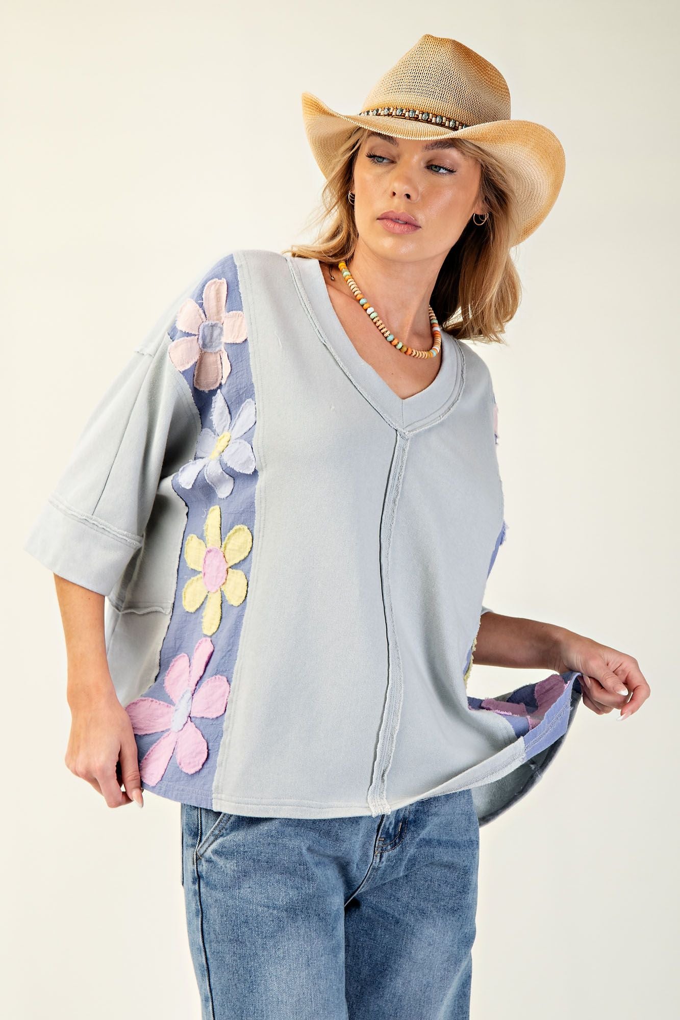 Dusty Blue Daisy Patch Distressed Top