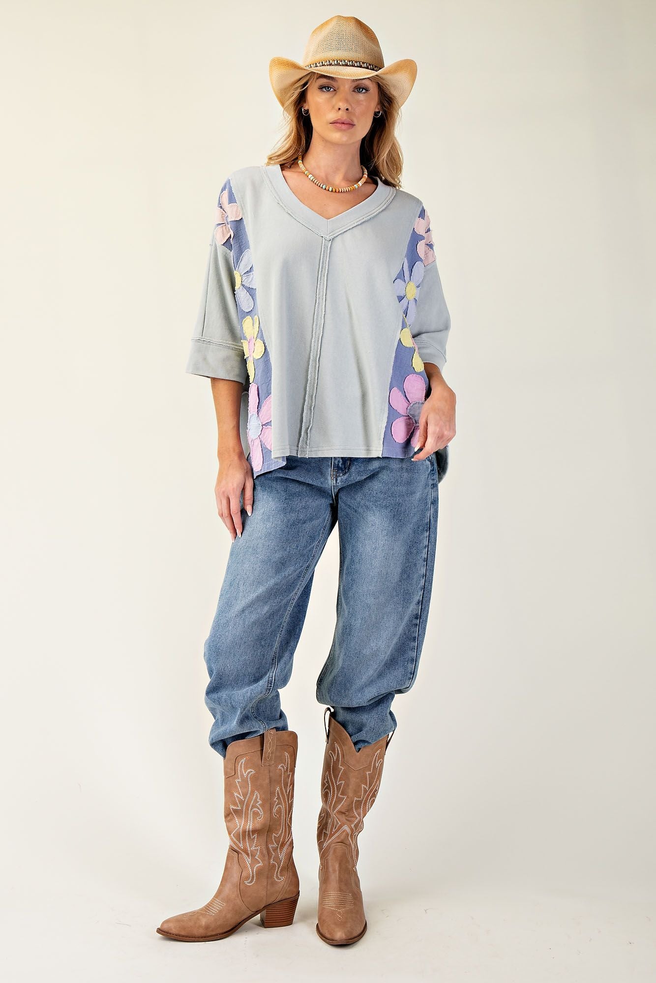 Dusty Blue Daisy Patch Distressed Top