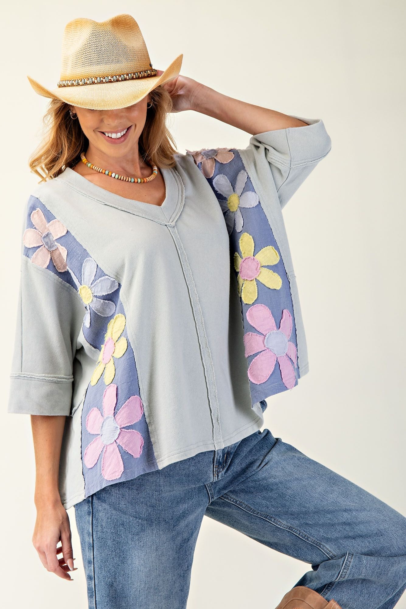 Dusty Blue Daisy Patch Distressed Top