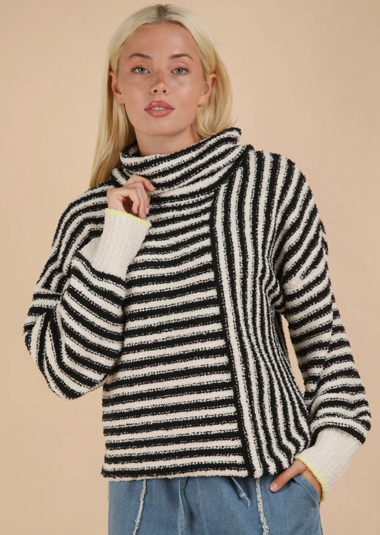 Mock Neck Striped Sweater Black