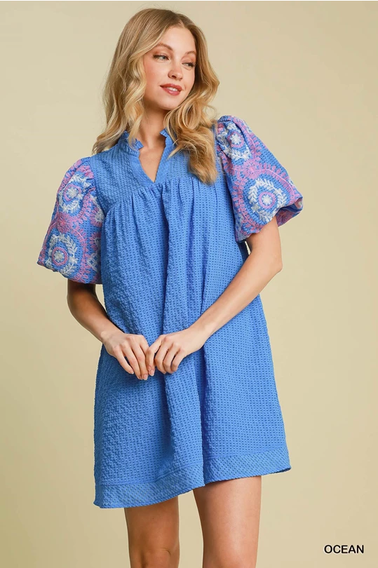 Seersucker Blue Embroidered Dress