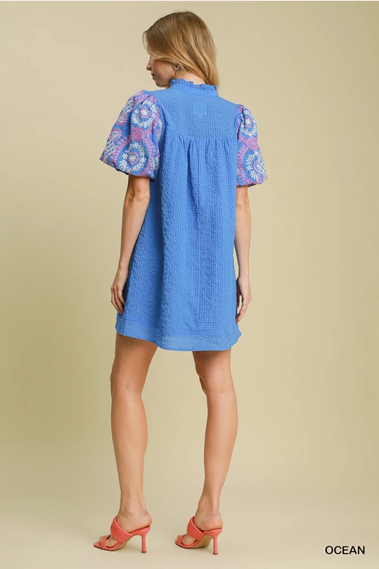 Seersucker Blue Embroidered Dress