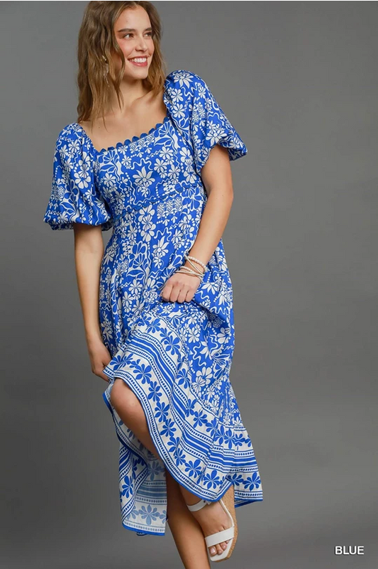 Blue Floral Print Midi Dress