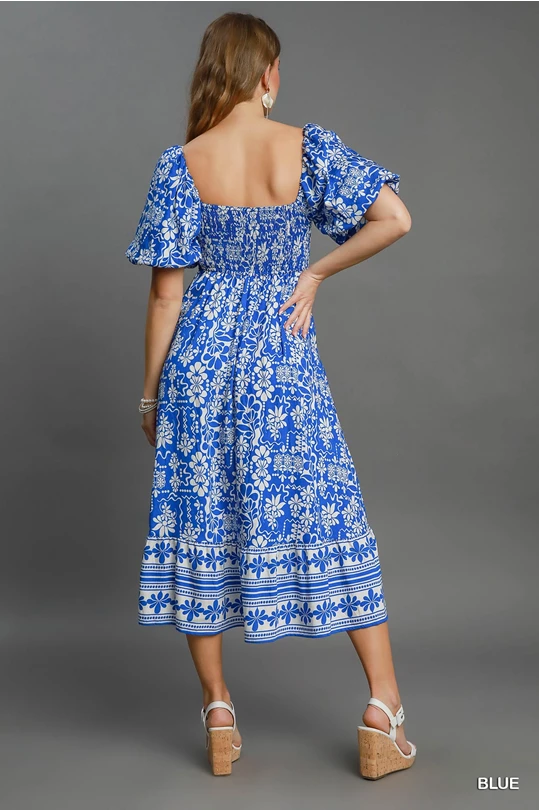 Blue Floral Print Midi Dress