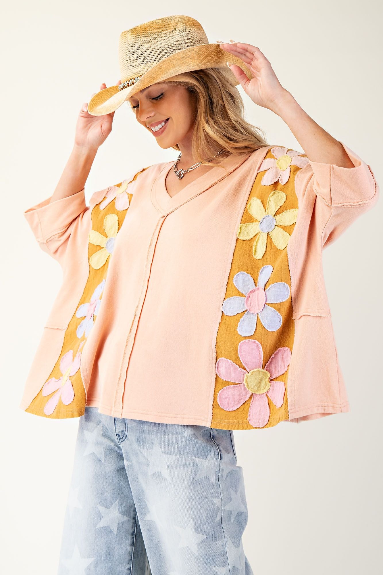 Peach Daisy Patch Mineral Wash Top