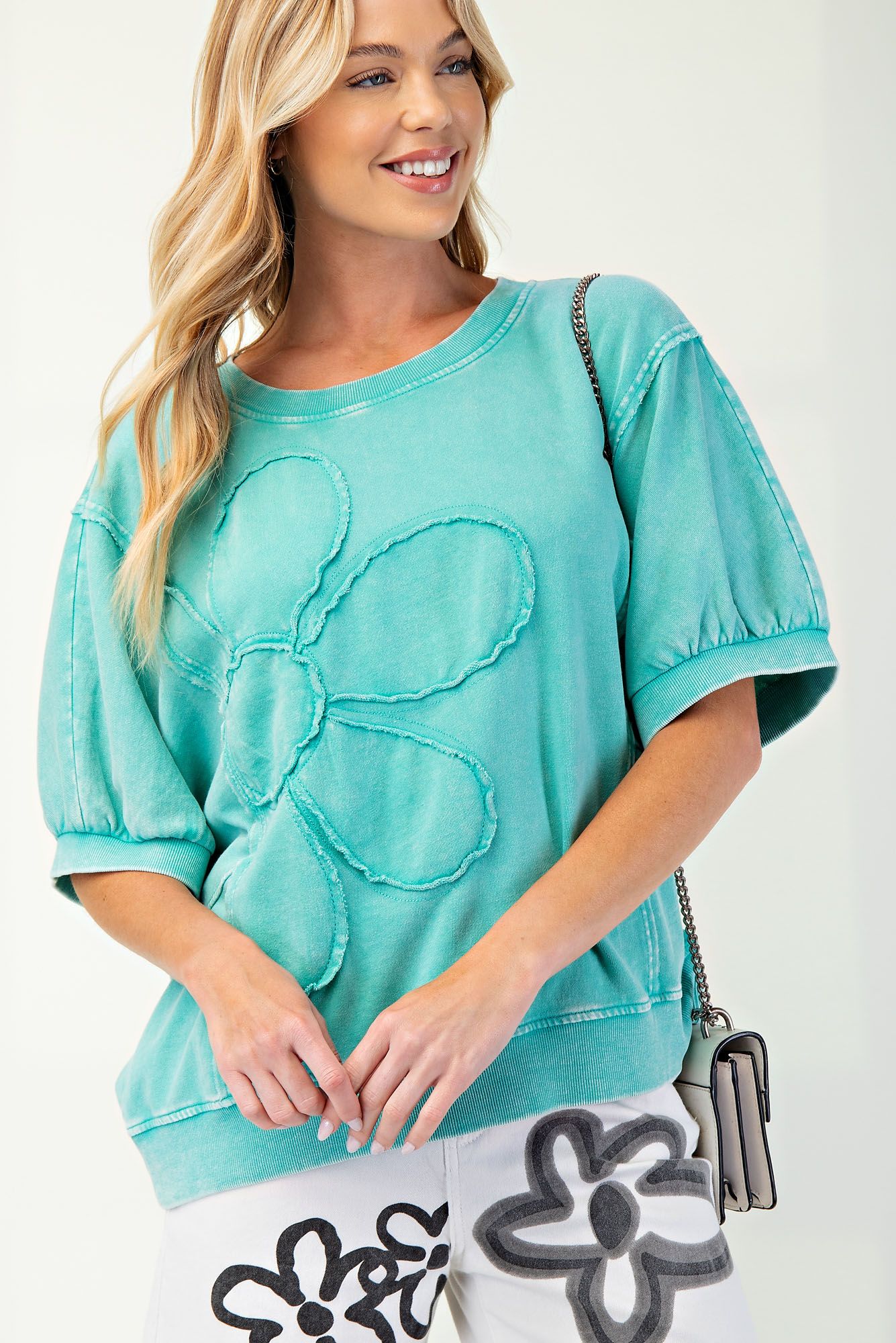 Teal Daisy Patch Top