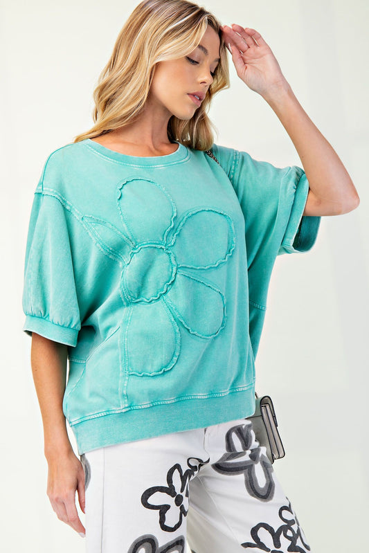 Teal Daisy Patch Top